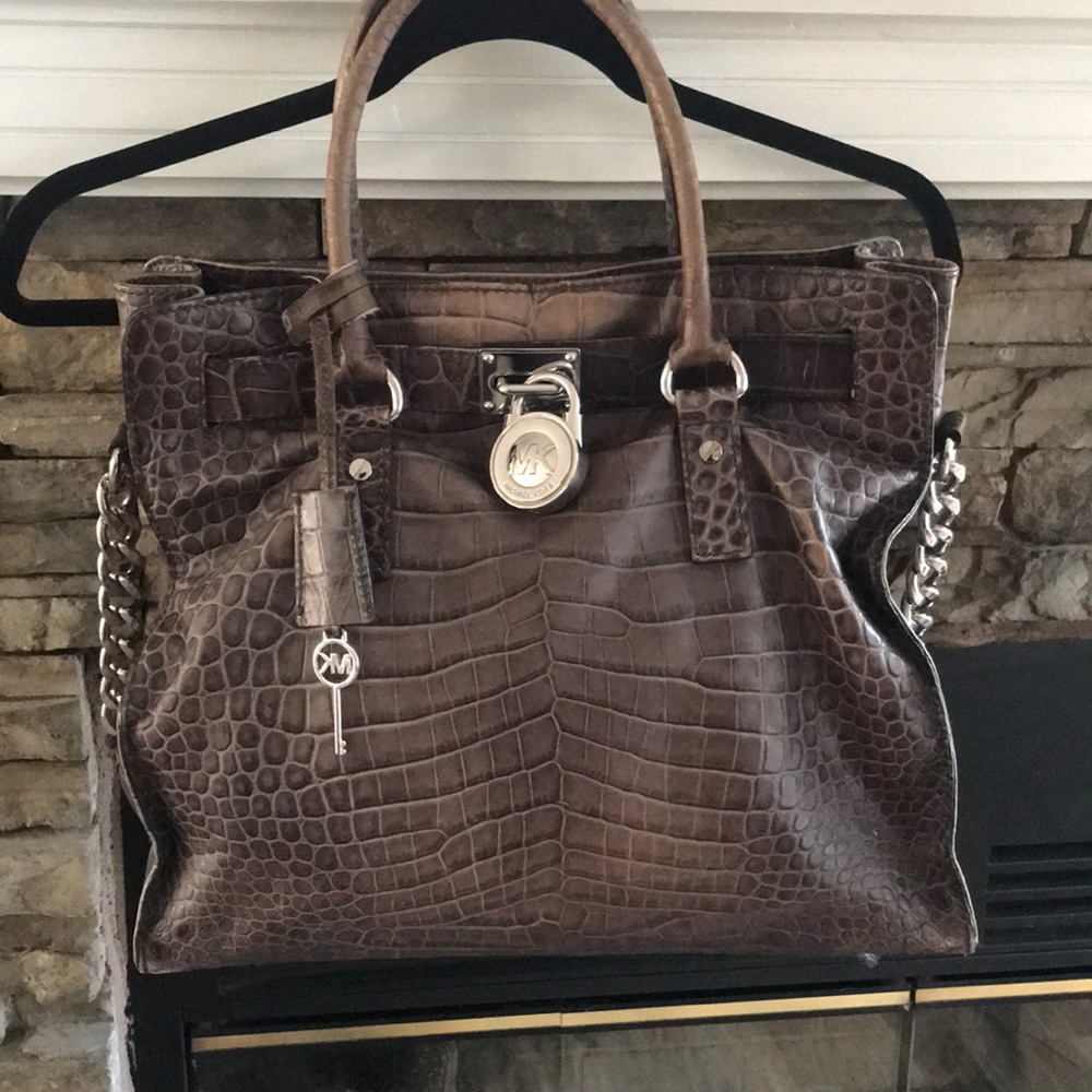 Michael Kors Hamilton Croc Embossed Satchel. Some fading on handles & top of bag